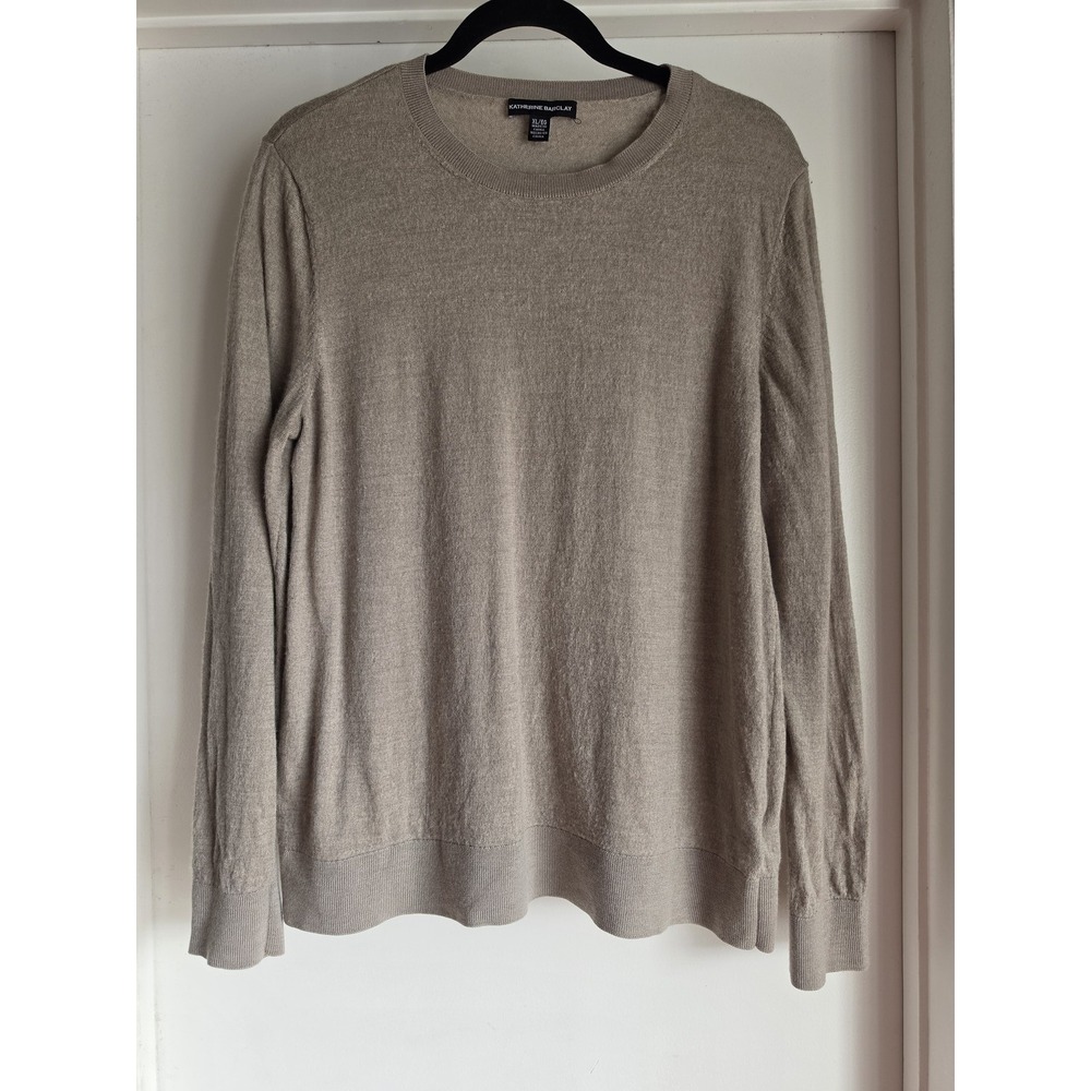 Katherine Barclay Womens XL Merino Wool Sweater Beige Solid Round Neck Pullover